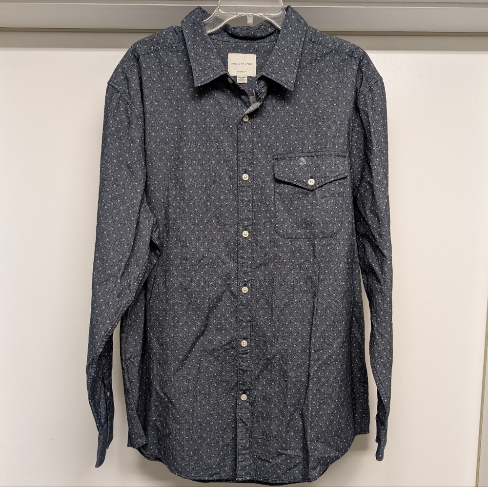 American Eagle Dark Blur Button-Up Shirt with White Dots. Size XXL New w/Tags.